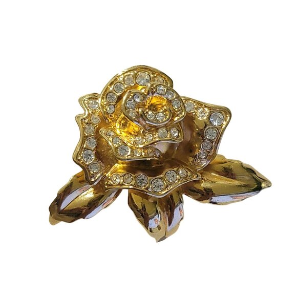 Vintage Avon Gold Rose Brooch Pin With Clear Rhinestones Flower Statement Piece - Picture 1 of 6
